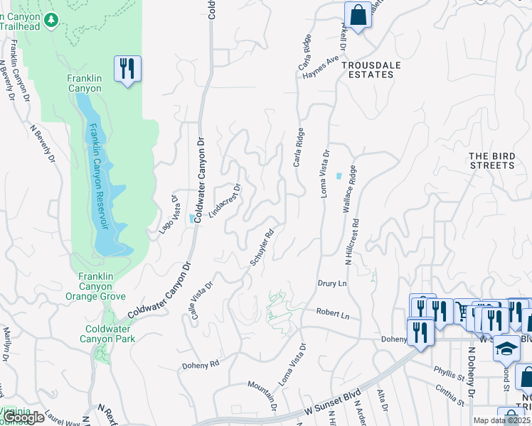 map of restaurants, bars, coffee shops, grocery stores, and more near 9311 Readcrest Drive in Beverly Hills