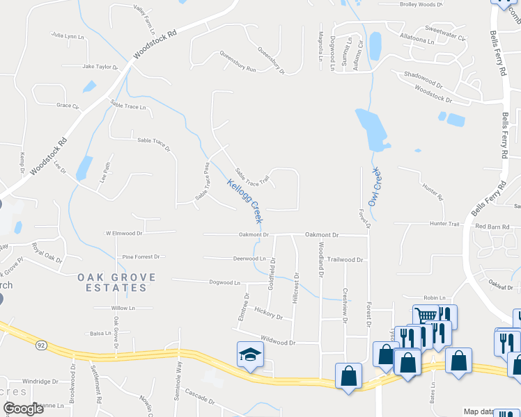 map of restaurants, bars, coffee shops, grocery stores, and more near 194 Sable Trace Trail in Acworth
