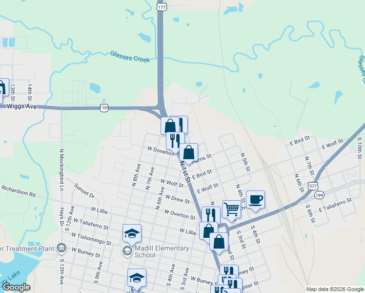 map of restaurants, bars, coffee shops, grocery stores, and more near 606 North 1st Street in Madill