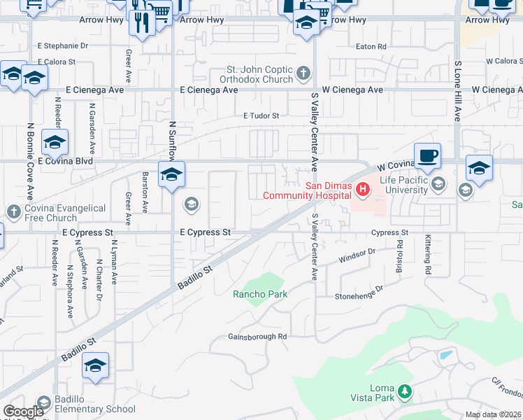 map of restaurants, bars, coffee shops, grocery stores, and more near 1623 West Benbow Street in San Dimas