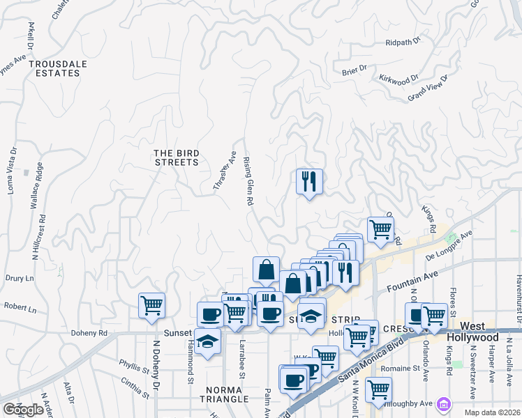 map of restaurants, bars, coffee shops, grocery stores, and more near 1424 Rising Glen Road in Los Angeles