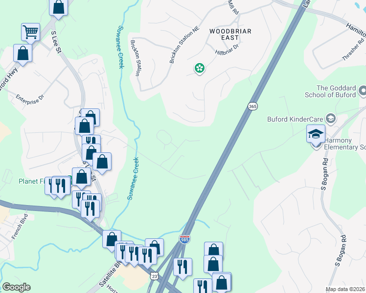 map of restaurants, bars, coffee shops, grocery stores, and more near 2111 Seed Way in Buford