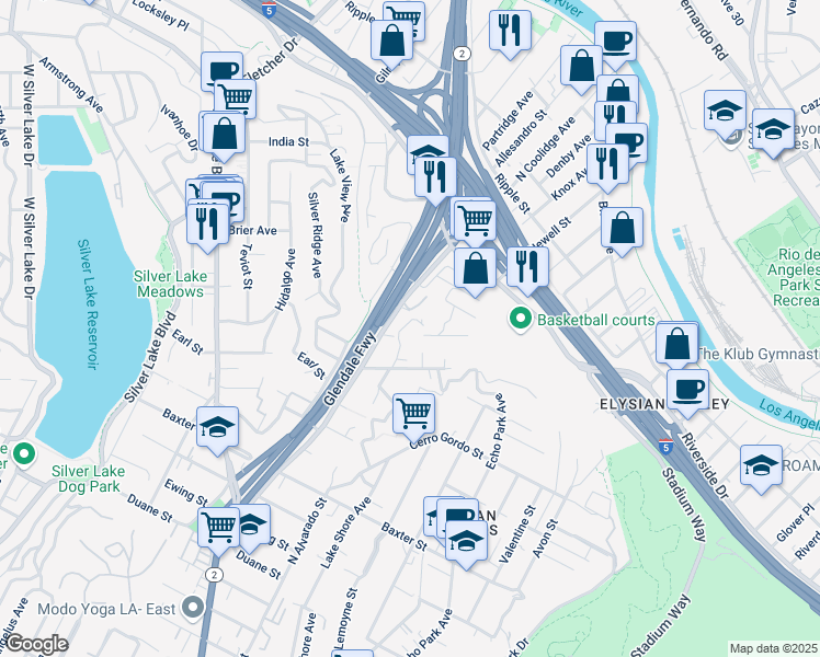 map of restaurants, bars, coffee shops, grocery stores, and more near 2414 North Alvarado Street in Los Angeles