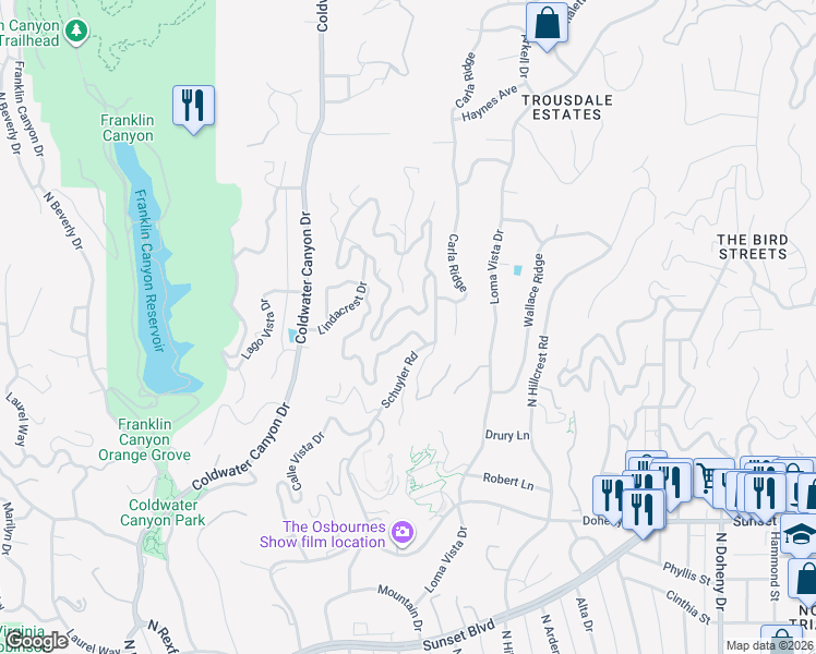 map of restaurants, bars, coffee shops, grocery stores, and more near 9311 Readcrest Drive in Beverly Hills