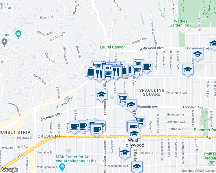 map of restaurants, bars, coffee shops, grocery stores, and more near 1424 North Crescent Heights Boulevard in West Hollywood