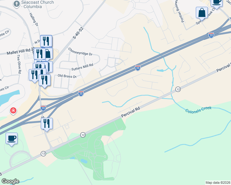 map of restaurants, bars, coffee shops, grocery stores, and more near 4655 Percival Road in Columbia