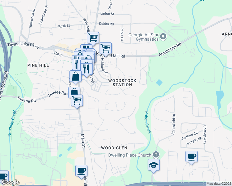 map of restaurants, bars, coffee shops, grocery stores, and more near 160 Bentley Parkway in Woodstock