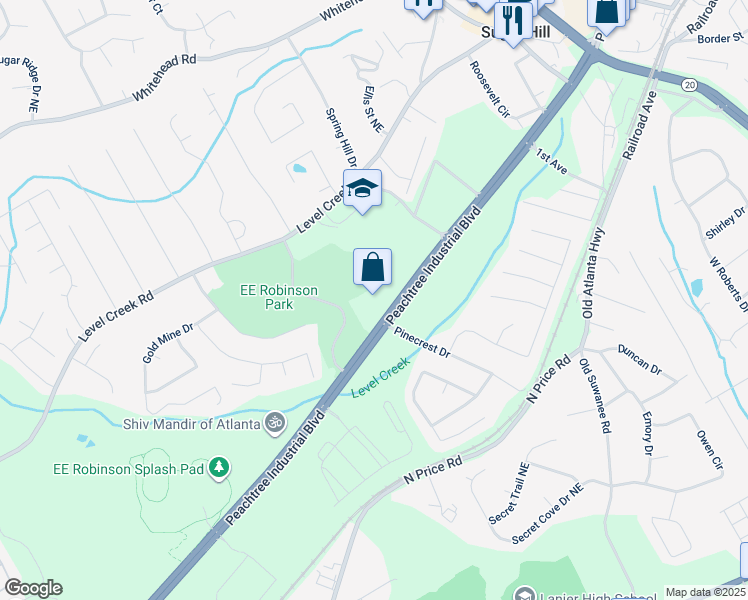 map of restaurants, bars, coffee shops, grocery stores, and more near 950 Peachtree Industrial Boulevard in Sugar Hill