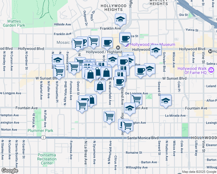 map of restaurants, bars, coffee shops, grocery stores, and more near 1425 North Mansfield Avenue in Los Angeles