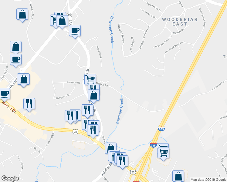 map of restaurants, bars, coffee shops, grocery stores, and more near 109 Maddox Road in Buford