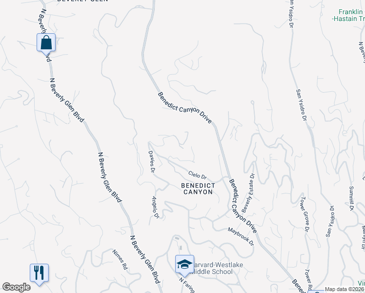 map of restaurants, bars, coffee shops, grocery stores, and more near 1438 Davies Drive in Beverly Hills