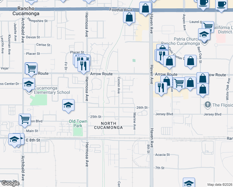 map of restaurants, bars, coffee shops, grocery stores, and more near 8625 San Miguel Place in Rancho Cucamonga