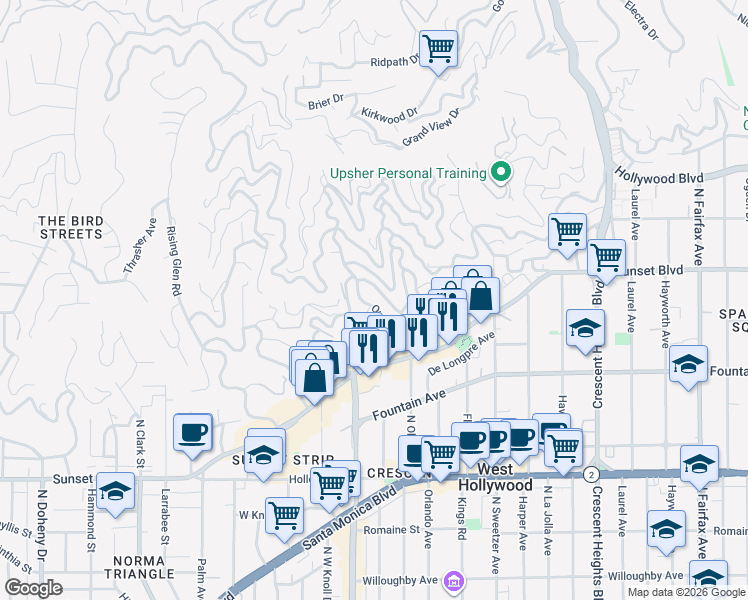 map of restaurants, bars, coffee shops, grocery stores, and more near 1464 Queens Road in Los Angeles