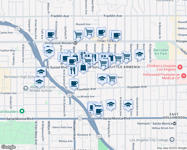 map of restaurants, bars, coffee shops, grocery stores, and more near 1409 North Hobart Boulevard in Los Angeles