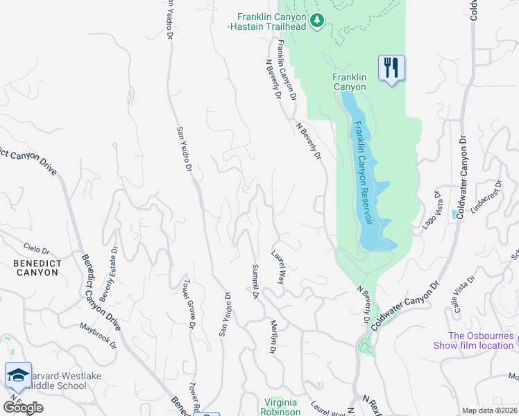 map of restaurants, bars, coffee shops, grocery stores, and more near 1414 Dawnridge Drive in Beverly Hills