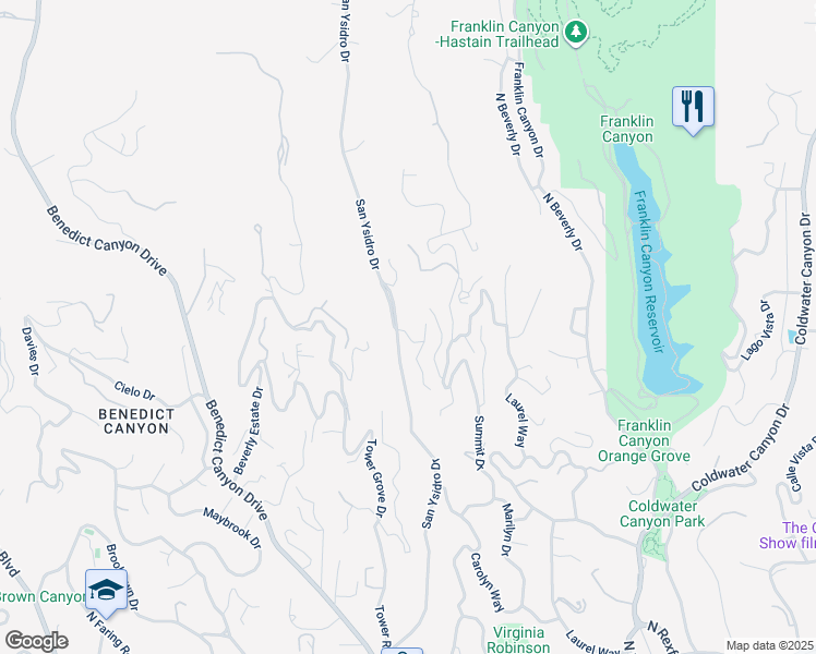 map of restaurants, bars, coffee shops, grocery stores, and more near 9743 Elderidge Drive in Beverly Hills