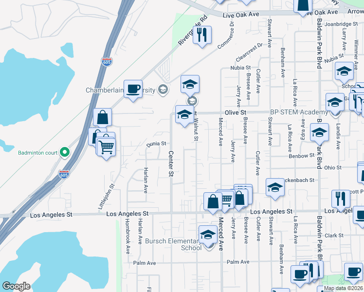 map of restaurants, bars, coffee shops, grocery stores, and more near 13640 Benwood Street in Baldwin Park
