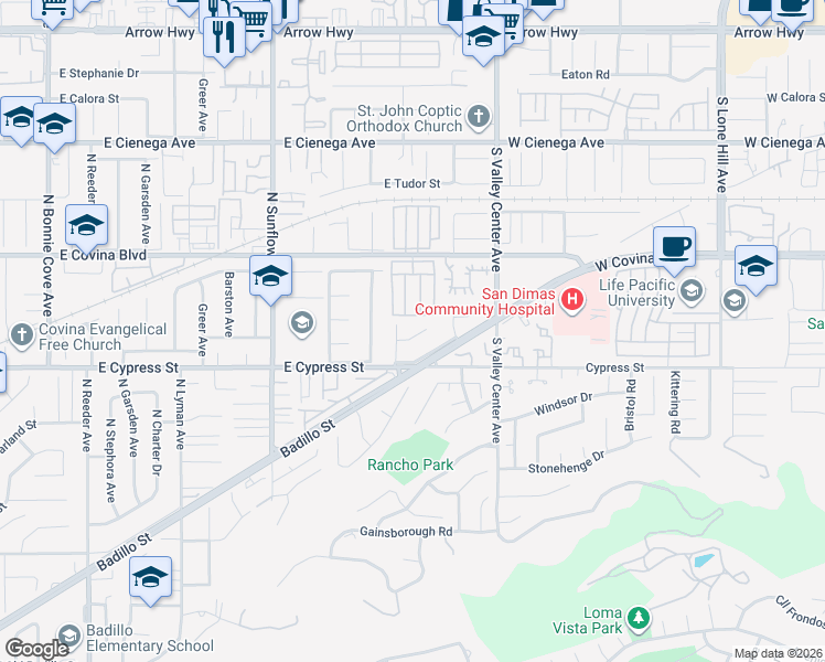map of restaurants, bars, coffee shops, grocery stores, and more near 1623 West Benbow Street in San Dimas