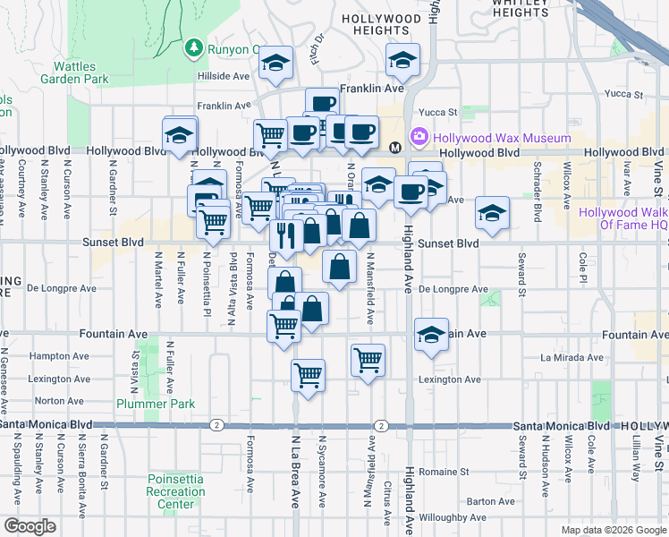 map of restaurants, bars, coffee shops, grocery stores, and more near 1426 North Sycamore Avenue in Los Angeles