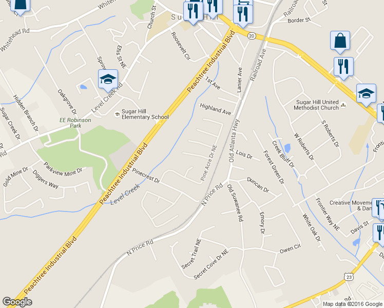 map of restaurants, bars, coffee shops, grocery stores, and more near 4698 Riley Run Court in Sugar Hill
