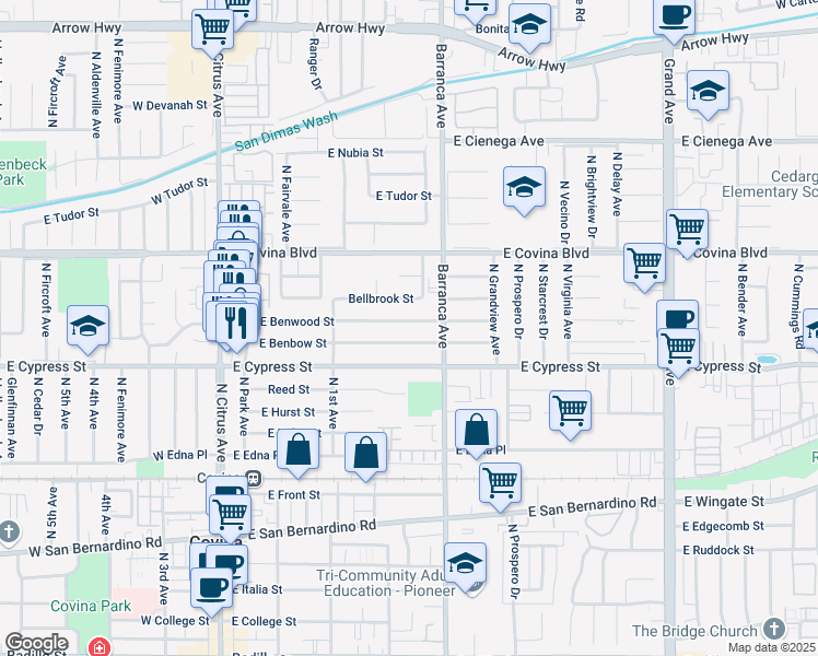 map of restaurants, bars, coffee shops, grocery stores, and more near 408 East Benbow Street in Covina