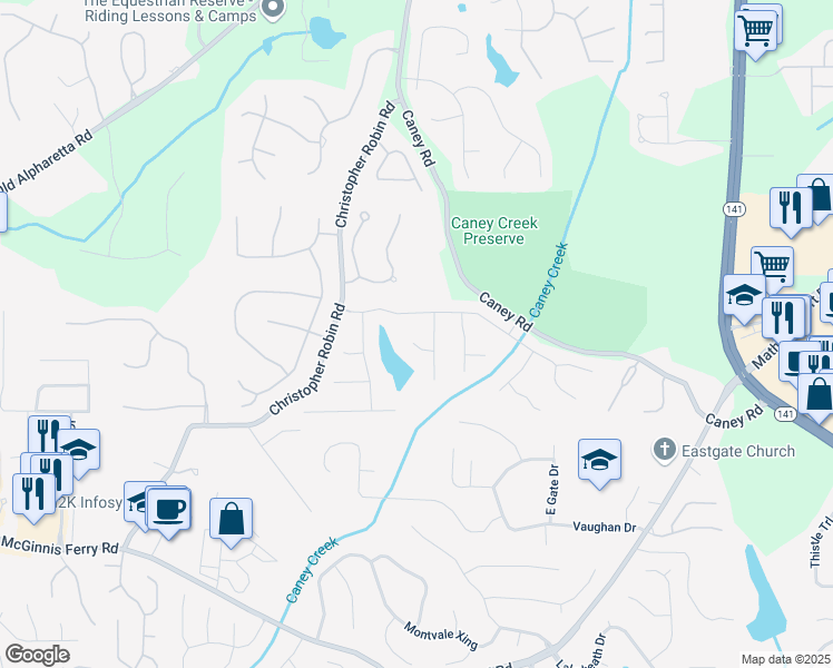 map of restaurants, bars, coffee shops, grocery stores, and more near 2115 Brook Pond Court in Alpharetta