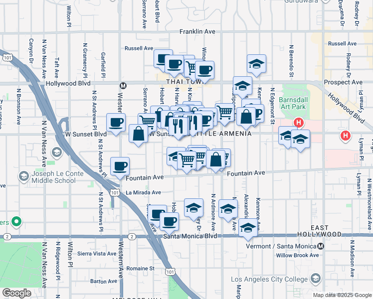 map of restaurants, bars, coffee shops, grocery stores, and more near 1345 North Kingsley Drive in Los Angeles