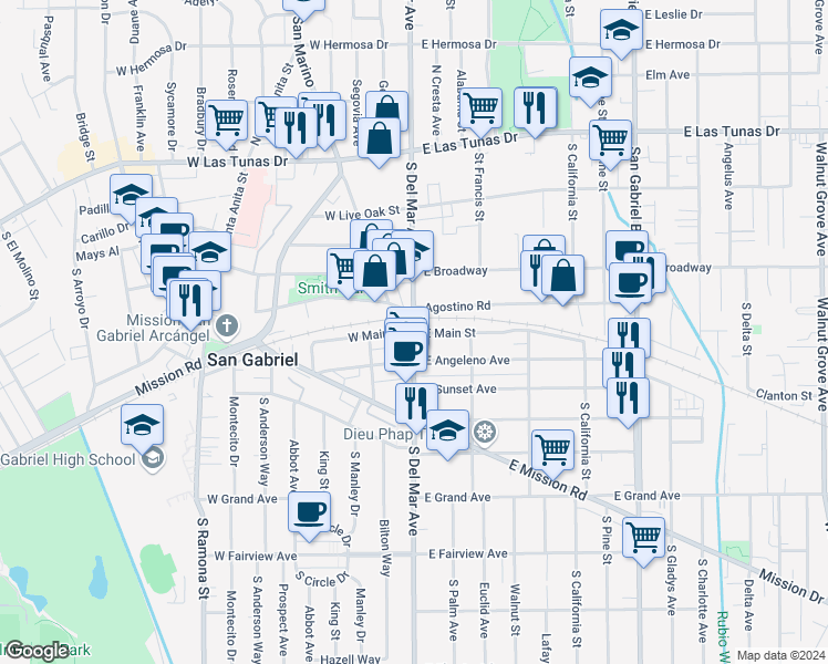 map of restaurants, bars, coffee shops, grocery stores, and more near East Main Street in Alhambra
