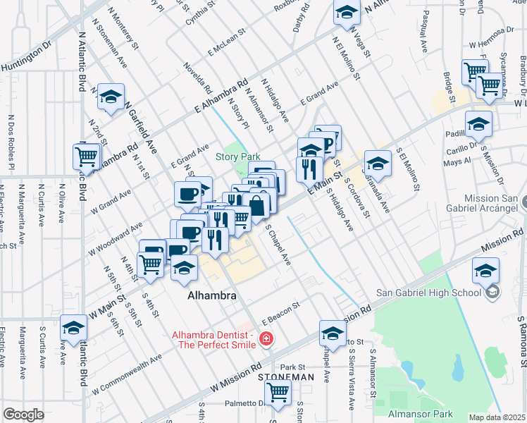 map of restaurants, bars, coffee shops, grocery stores, and more near 243 East Main Street in Alhambra