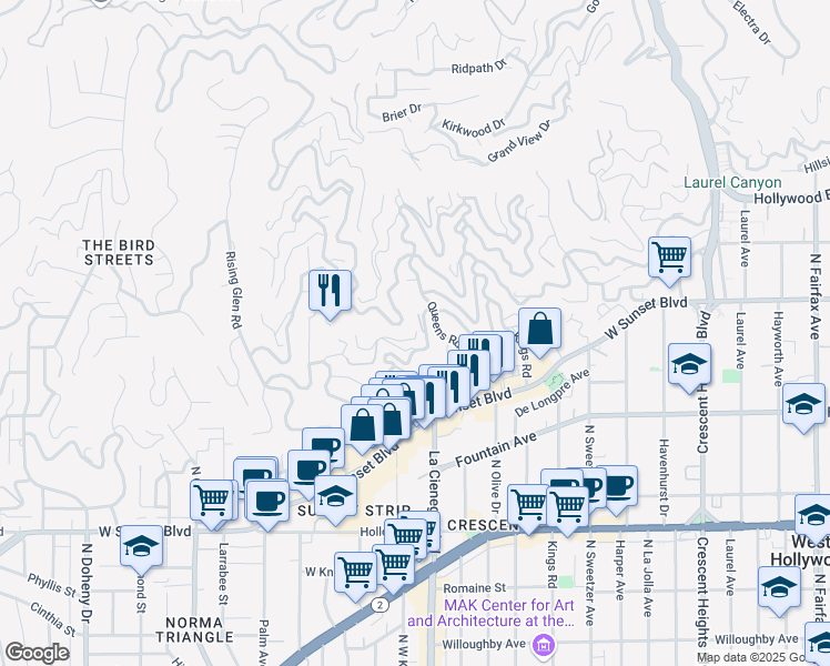 map of restaurants, bars, coffee shops, grocery stores, and more near 8527 Hedges Way in Los Angeles