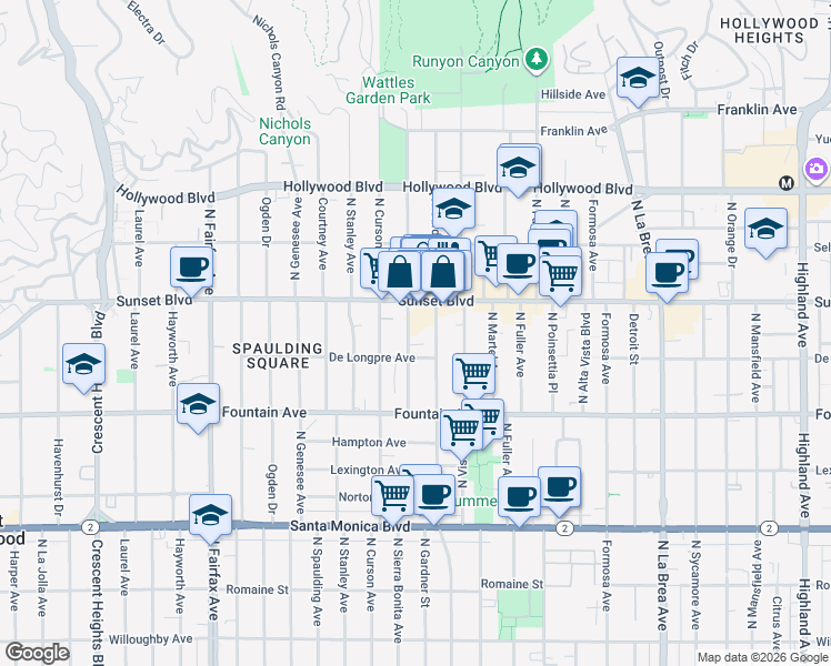 map of restaurants, bars, coffee shops, grocery stores, and more near 1420 North Sierra Bonita Avenue in Los Angeles