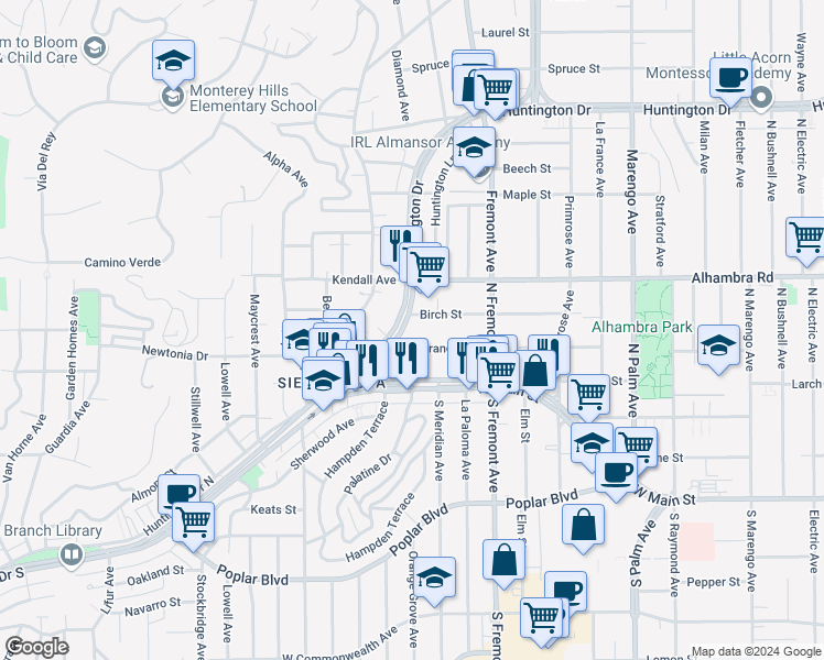map of restaurants, bars, coffee shops, grocery stores, and more near 112 Huntington Drive North in Alhambra