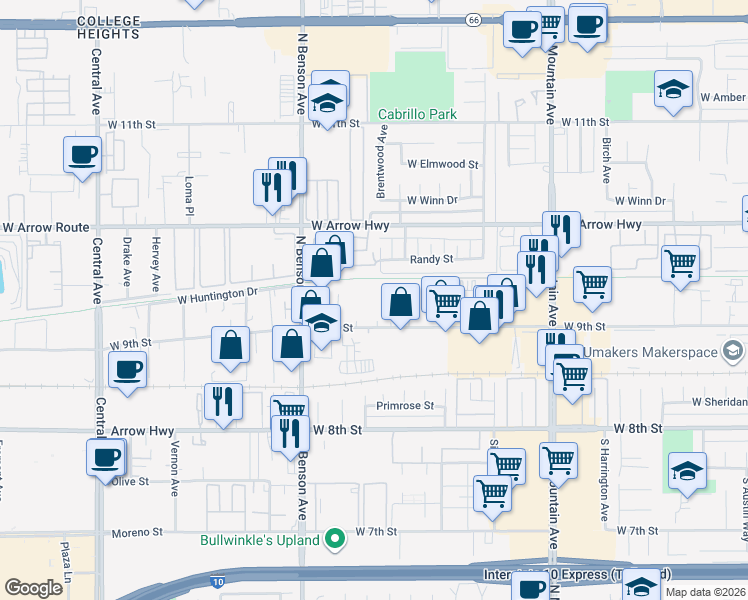 map of restaurants, bars, coffee shops, grocery stores, and more near 1495 W 9th St in Upland