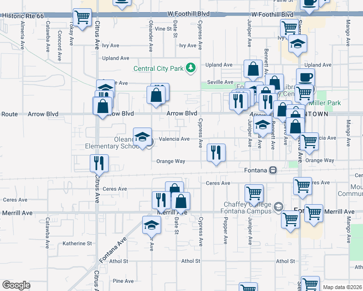 map of restaurants, bars, coffee shops, grocery stores, and more near 16450 Orange Way in Fontana