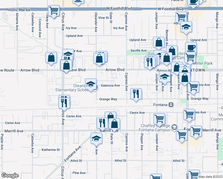 map of restaurants, bars, coffee shops, grocery stores, and more near 16398 Orange Way in Fontana
