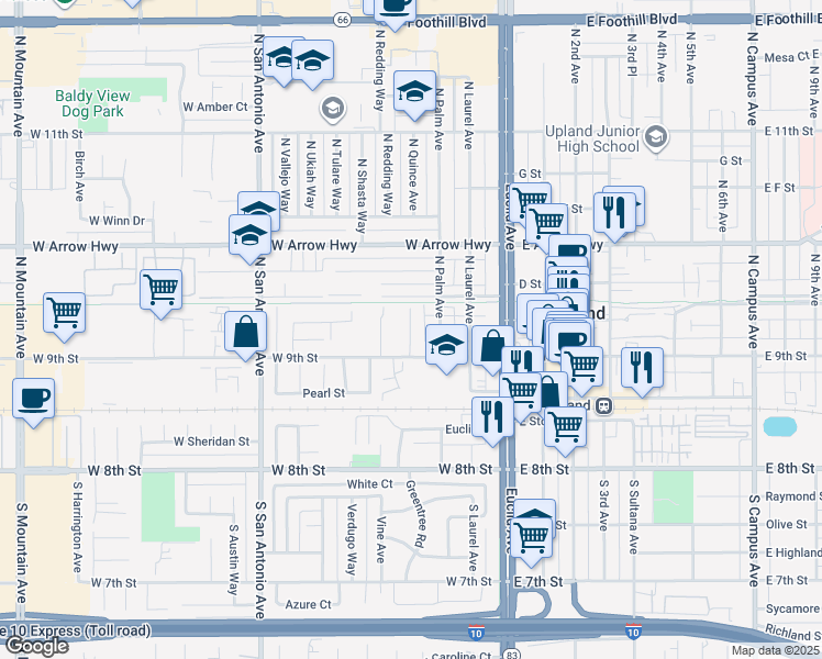 map of restaurants, bars, coffee shops, grocery stores, and more near 355 West 9th Street in Upland