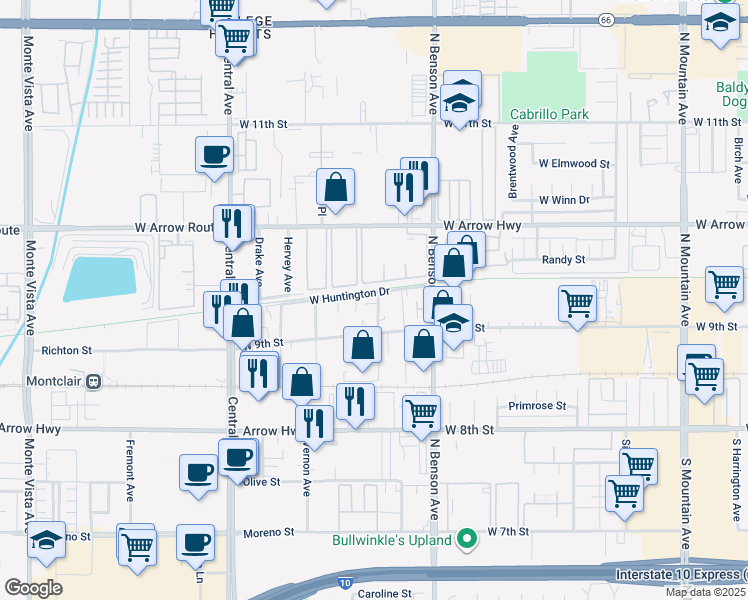 map of restaurants, bars, coffee shops, grocery stores, and more near 1750 West Huntington Drive in Upland