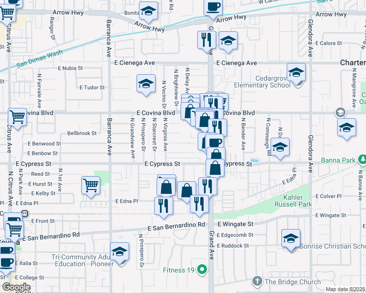 map of restaurants, bars, coffee shops, grocery stores, and more near 812 East Benbow Street in Covina