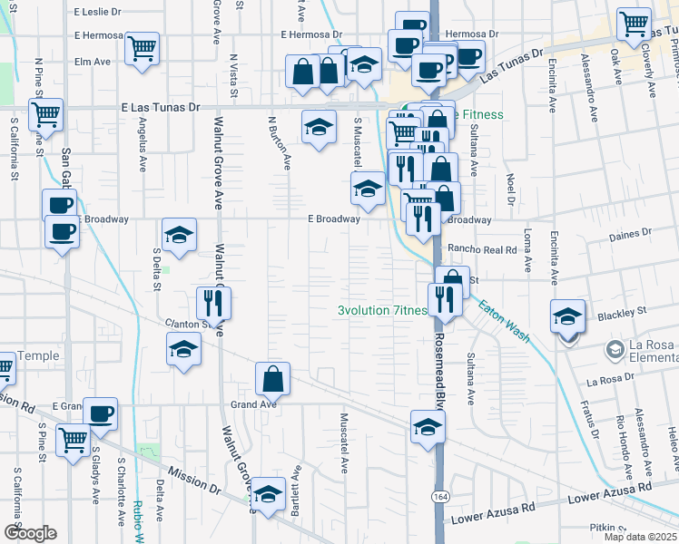 map of restaurants, bars, coffee shops, grocery stores, and more near 5236 Bartlett Avenue in San Gabriel
