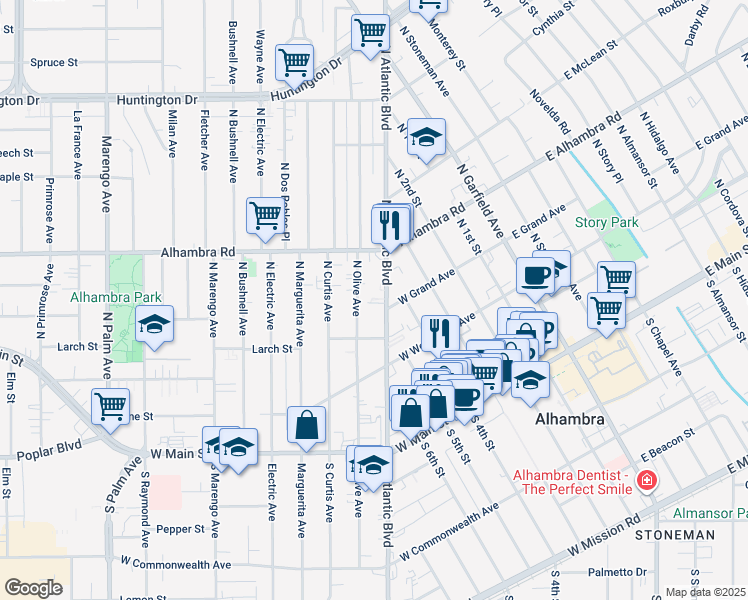 map of restaurants, bars, coffee shops, grocery stores, and more near 400 North Olive Avenue in Alhambra
