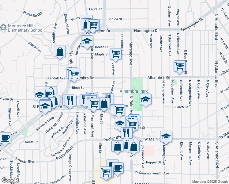 map of restaurants, bars, coffee shops, grocery stores, and more near 2315 West Grand Avenue in Alhambra