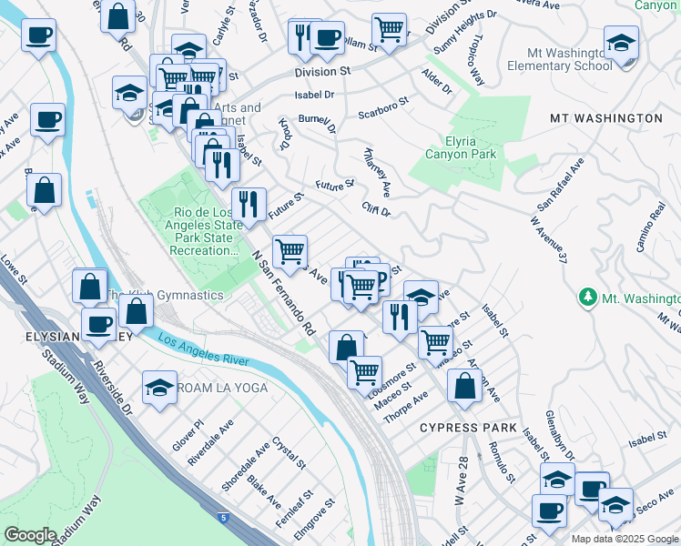 map of restaurants, bars, coffee shops, grocery stores, and more near 1256 Cypress Avenue in Los Angeles