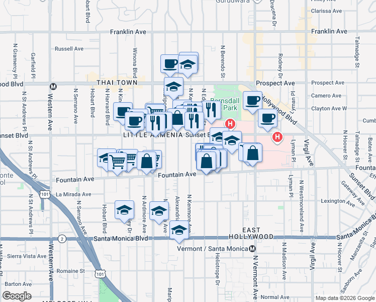 map of restaurants, bars, coffee shops, grocery stores, and more near 1339 1/2 North Kenmore Avenue in Los Angeles