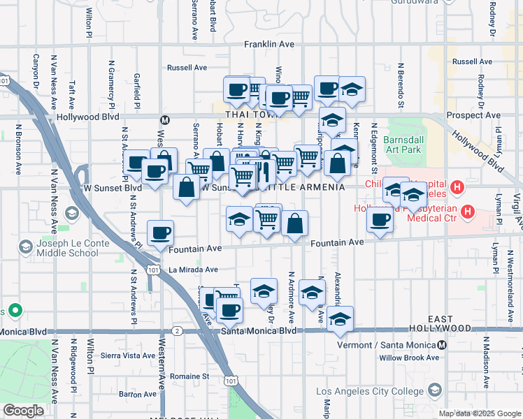 map of restaurants, bars, coffee shops, grocery stores, and more near 1345 North Kingsley Drive in Los Angeles