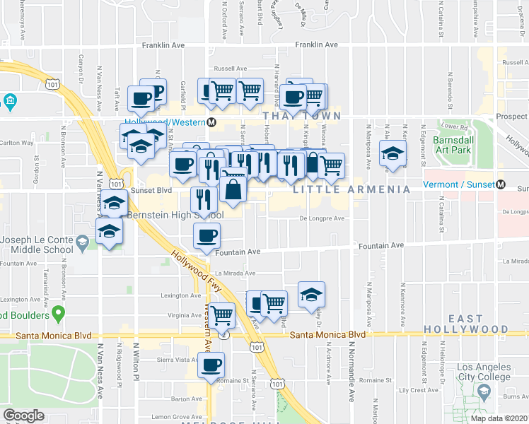 map of restaurants, bars, coffee shops, grocery stores, and more near 1394 North Serrano Avenue in Los Angeles