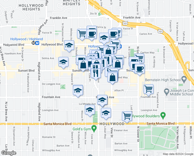 map of restaurants, bars, coffee shops, grocery stores, and more near 1409 Ivar Avenue in Los Angeles