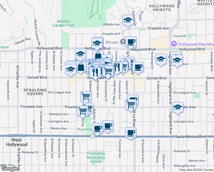 map of restaurants, bars, coffee shops, grocery stores, and more near 1419 North Poinsettia Place in Los Angeles
