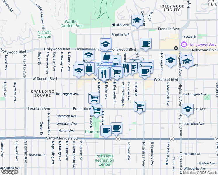map of restaurants, bars, coffee shops, grocery stores, and more near 1419 North Poinsettia Place in Los Angeles