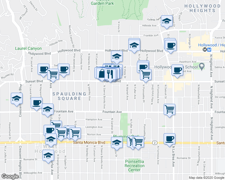 map of restaurants, bars, coffee shops, grocery stores, and more near 1403 North Gardner Street in Los Angeles
