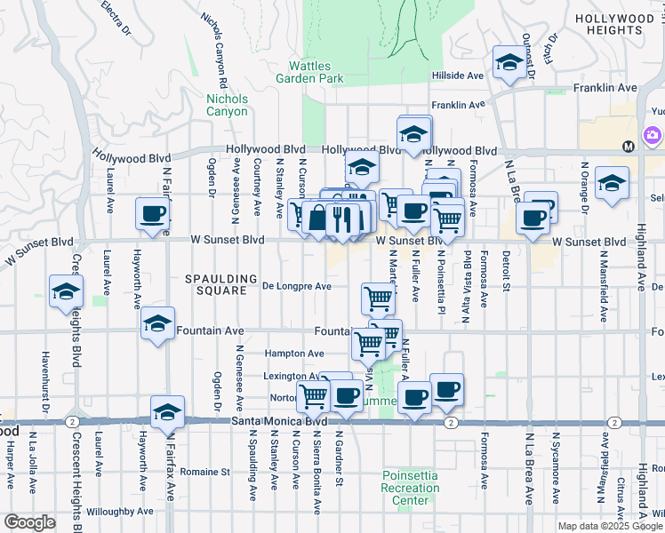 map of restaurants, bars, coffee shops, grocery stores, and more near 1403 North Gardner Street in Los Angeles